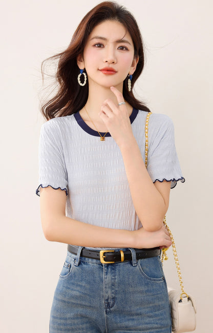 Women's Ruffled Color-Blocked Short Sleeve T-Shirt - Slim Fit Trendy Top