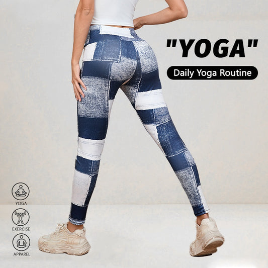 Denim-Like Plaid Patchwork Fitness Pants - High-Waisted Tummy Control Yoga Leggings