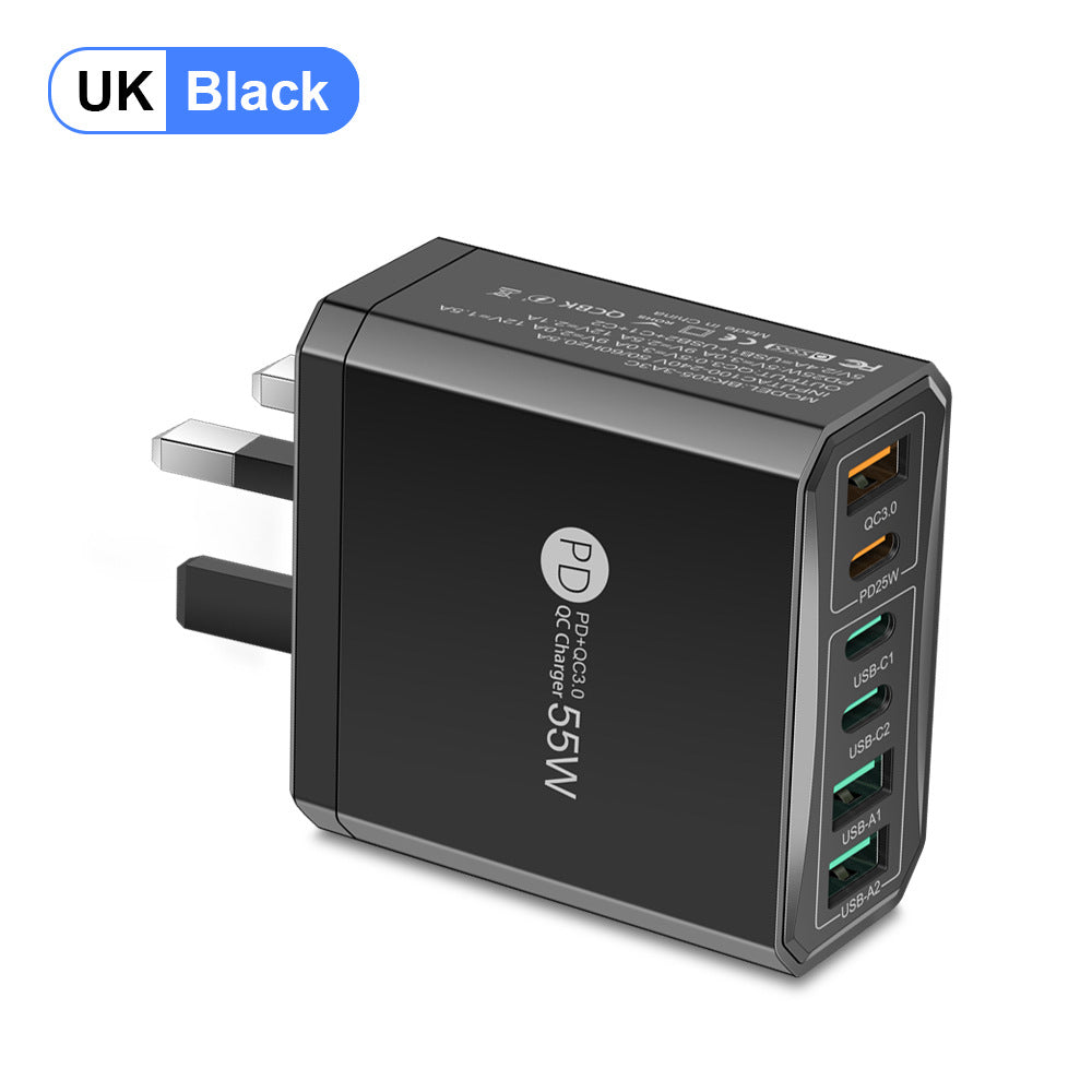6-in-1 Fast Charging Head - 55W QC3.0 & PD Multi-Port Wall Charger Adapter