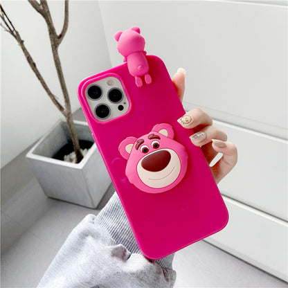 Cute 3D Lying Strawberry Bear Silicone Phone Case for iPhone 16 15 14 13 12 Pro Max - Soft Cartoon Cover