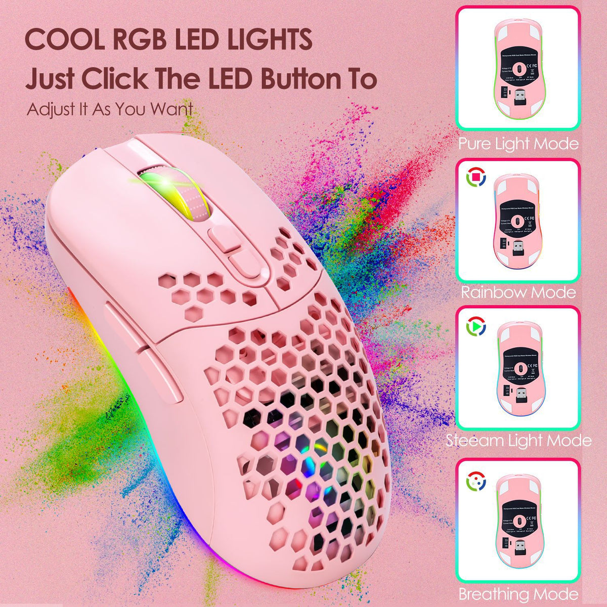 Lightweight Wireless Bluetooth Mouse - RGB Honeycomb Mute Gaming Mouse with Rechargeable Battery