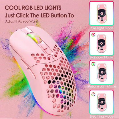Lightweight Wireless Bluetooth Mouse - RGB Honeycomb Mute Gaming Mouse with Rechargeable Battery