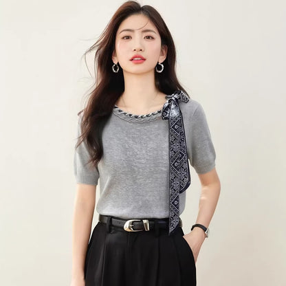 Elegant Bow Knotted Short Sleeve Knit Top - Summer Chic High-End Fashion