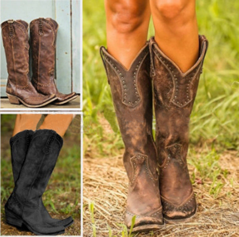 Women's Retro Long Boots with Rivets (Western Style)