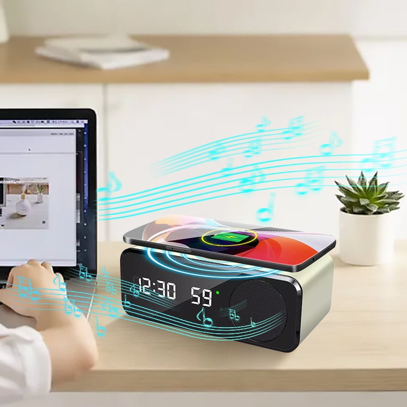 Multifunctional Bluetooth Speaker with Wireless Charger - Digital Alarm Clock & Temperature Display