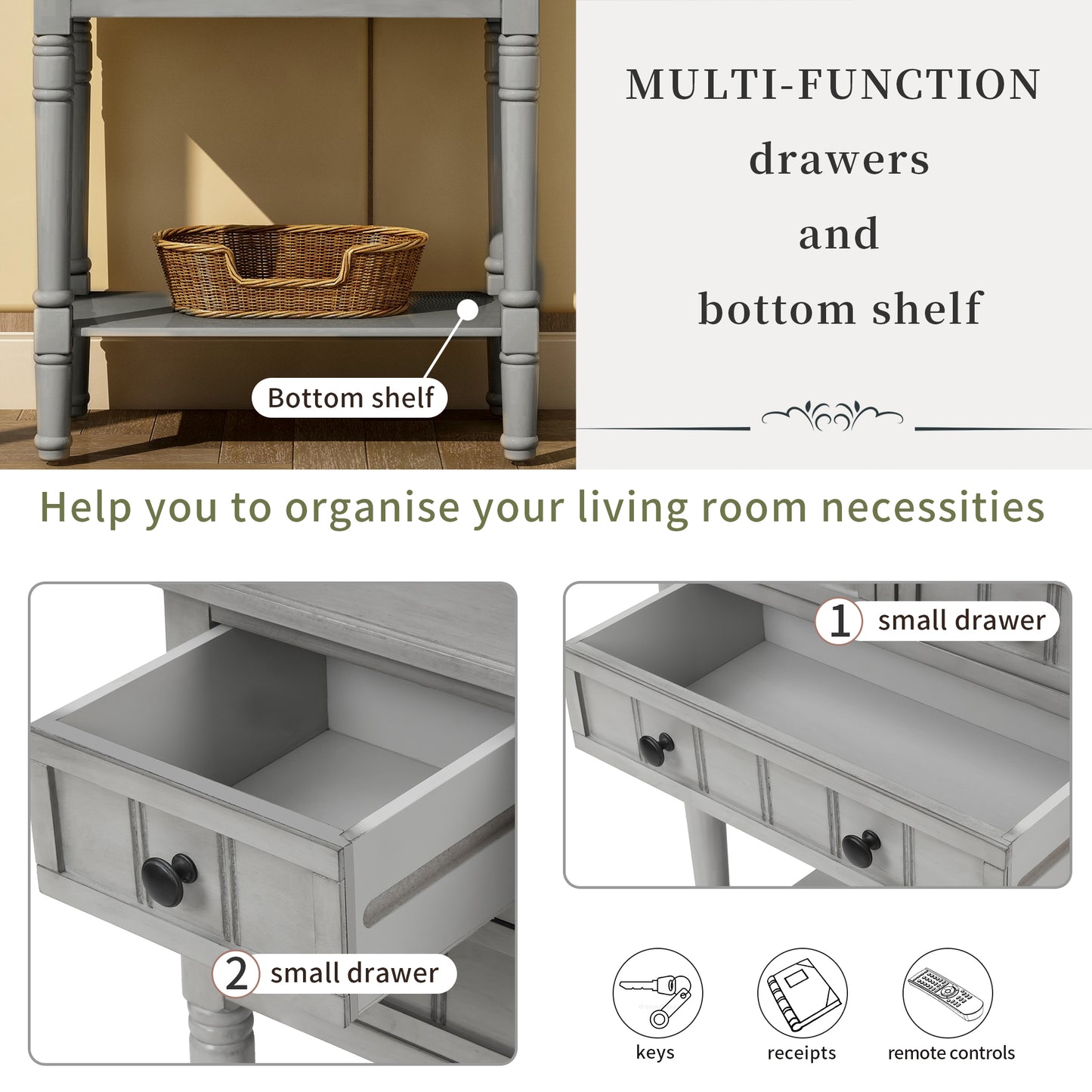 Narrow Console Desk/Sofa Table with Three Drawers (Grey Washed)