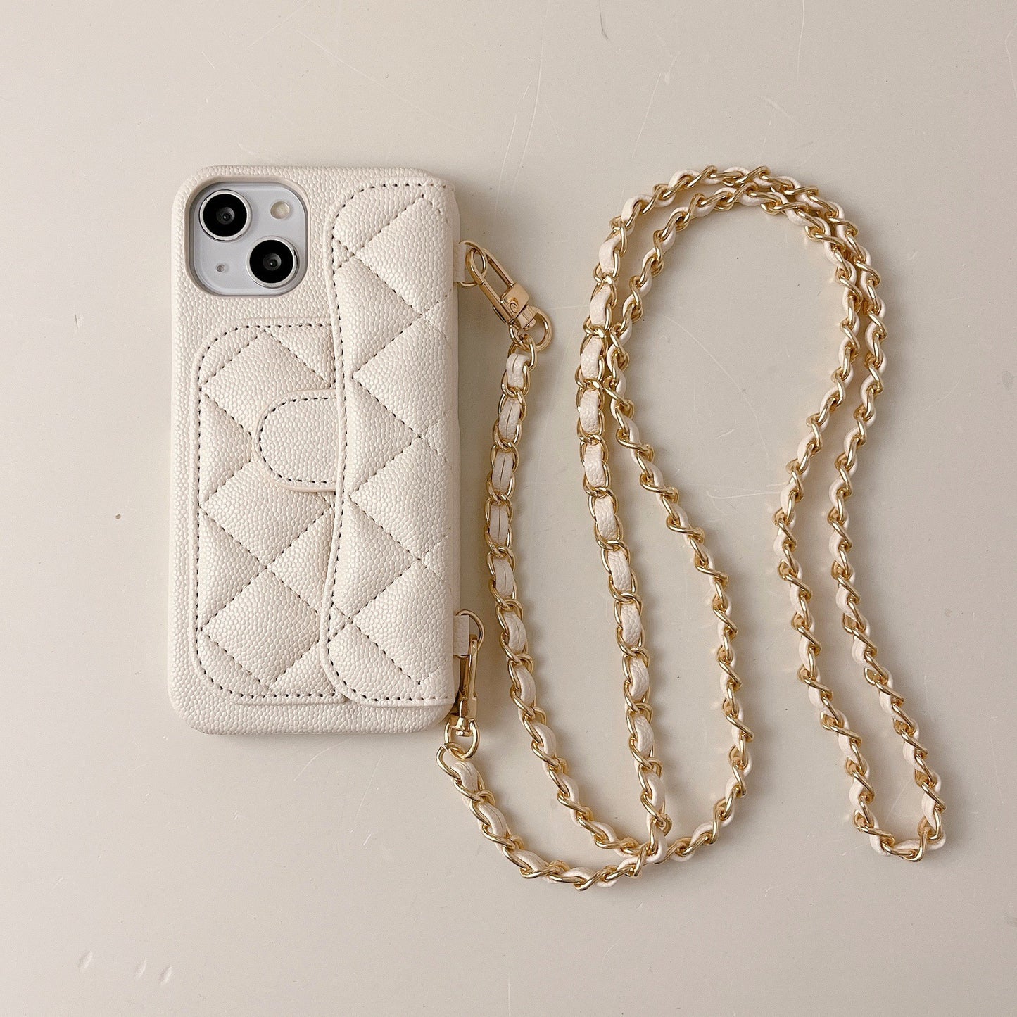 Luxury Quilted Leather Wallet Phone Case with Crossbody Chain & Card Holder for iPhone 16 15 14 13 Pro Max