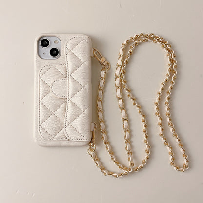 Luxury Quilted Leather Wallet Phone Case with Crossbody Chain & Card Holder for iPhone 16 15 14 13 Pro Max