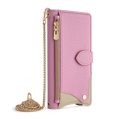 Crossbody Leather Wallet Case with Makeup Mirror & Card Holder for iPhone 17 16 15 14 Pro Max - Zipper Pocket Stand Cover