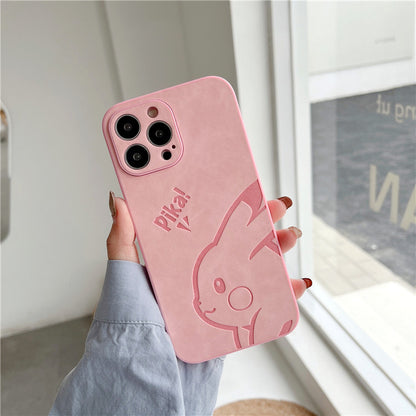 Cute Pikachu Embossed Leather Phone Case for iPhone 16 15 14 13 12 Pro Max - Soft Matte Cover