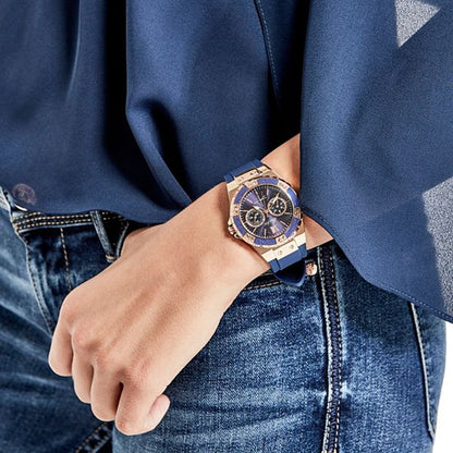 Elegant Ladies Diamond Quartz Wristwatch with Blue Rubber Band
