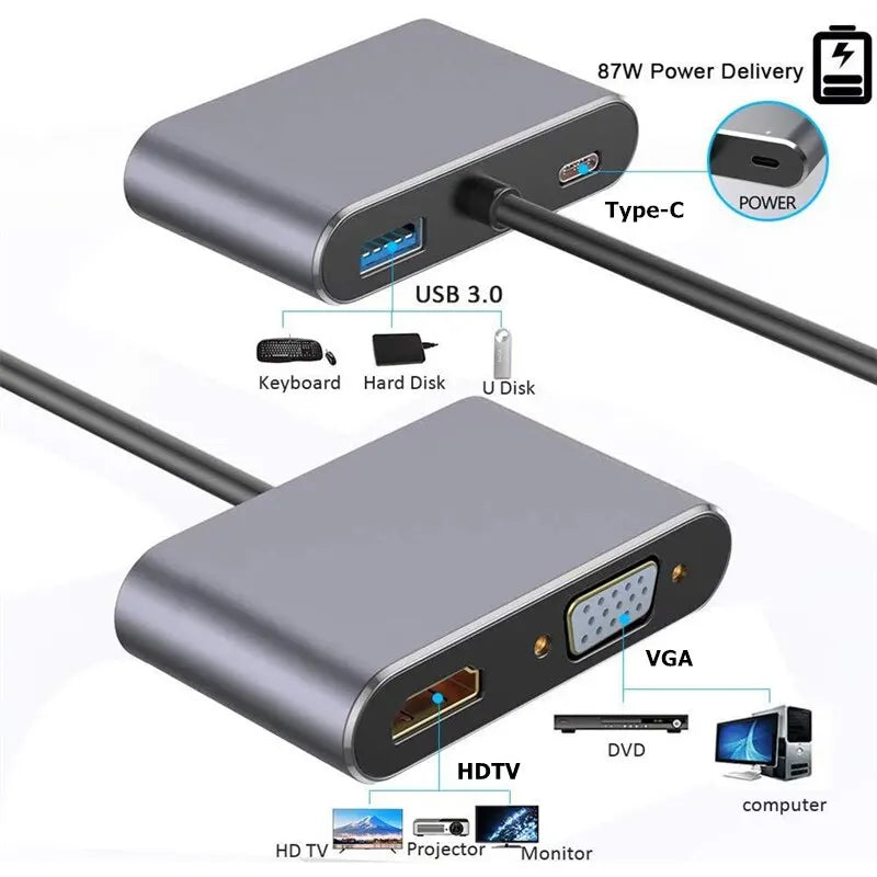 4-in-1 USB C Hub - Type-C Adapter with 4K HDMI, VGA, USB 3.0 & PD Fast Charge for MacBook and Laptops
