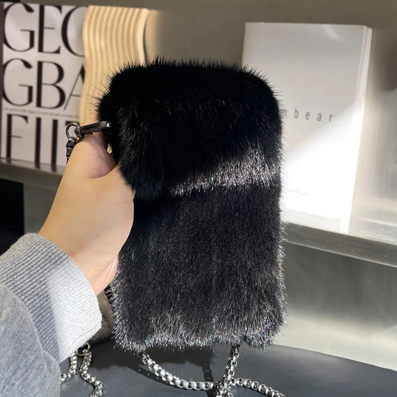 Luxury Real Mink Fur Crossbody Phone Bag for Women - Plush Winter Shoulder Messenger Pouch