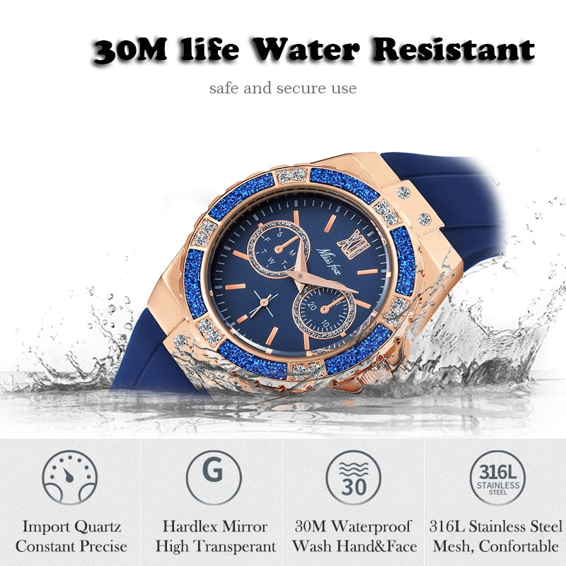 Elegant Ladies Diamond Quartz Wristwatch with Blue Rubber Band