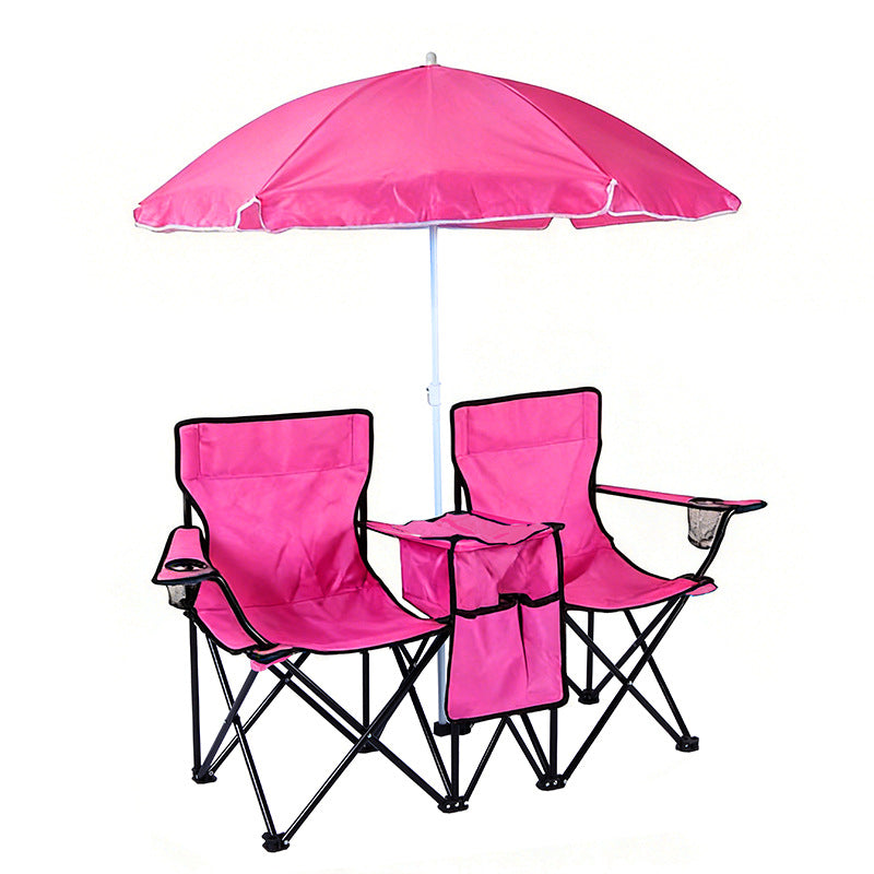 Double Camping Loveseat Chair with Umbrella - Folding Outdoor Beach Chair Set with Cooler & Side Table