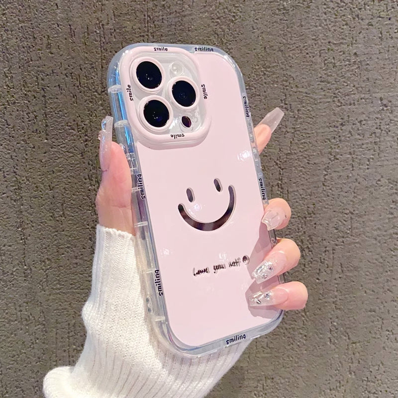 Cute Painted Smiling Face Mirror Phone Case - Cream Glossy Protective Cover for iPhone