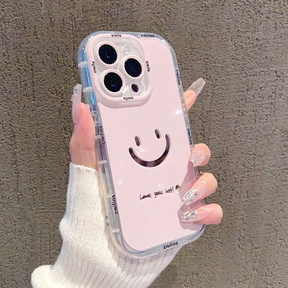 Cute Painted Smiling Face Mirror Phone Case - Cream Glossy Protective Cover for iPhone