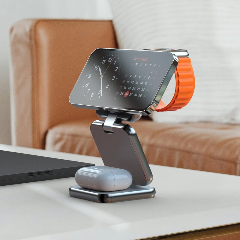 3-in-1 Foldable Magnetic Wireless Charger - Multi-Device Desktop Charging Stand for Smartphones