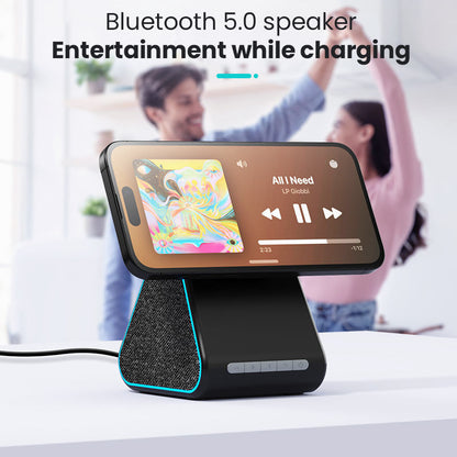 Magnetic Wireless Charger with Bluetooth Speaker - 3-in-1 Fast Charging Station & Desktop Speaker Stand for iPhone