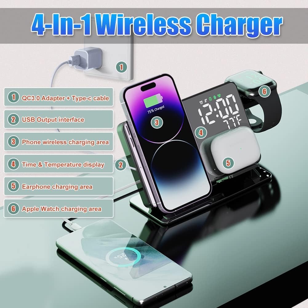 15W 4-in-1 Fast Wireless Charging Station - LED Digital Alarm Clock with Temperature Display