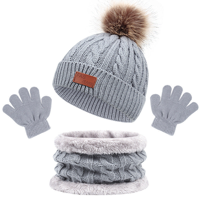 Toddler Autumn Winter Warm Beanie Set with Faux Fur Pom Pom