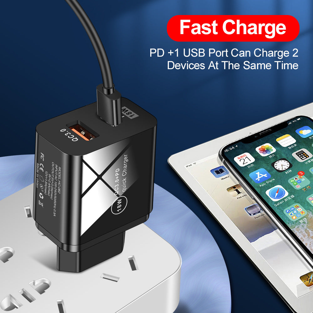 Dual-Port Fast Charging Adapter - 18W QC3.0 PD USB-A & Type-C Wall Charger