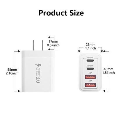 Dual PD 20W & Multi-Port USB Fast Charger - US Plug Power Adapter for iPhone & Smartphone