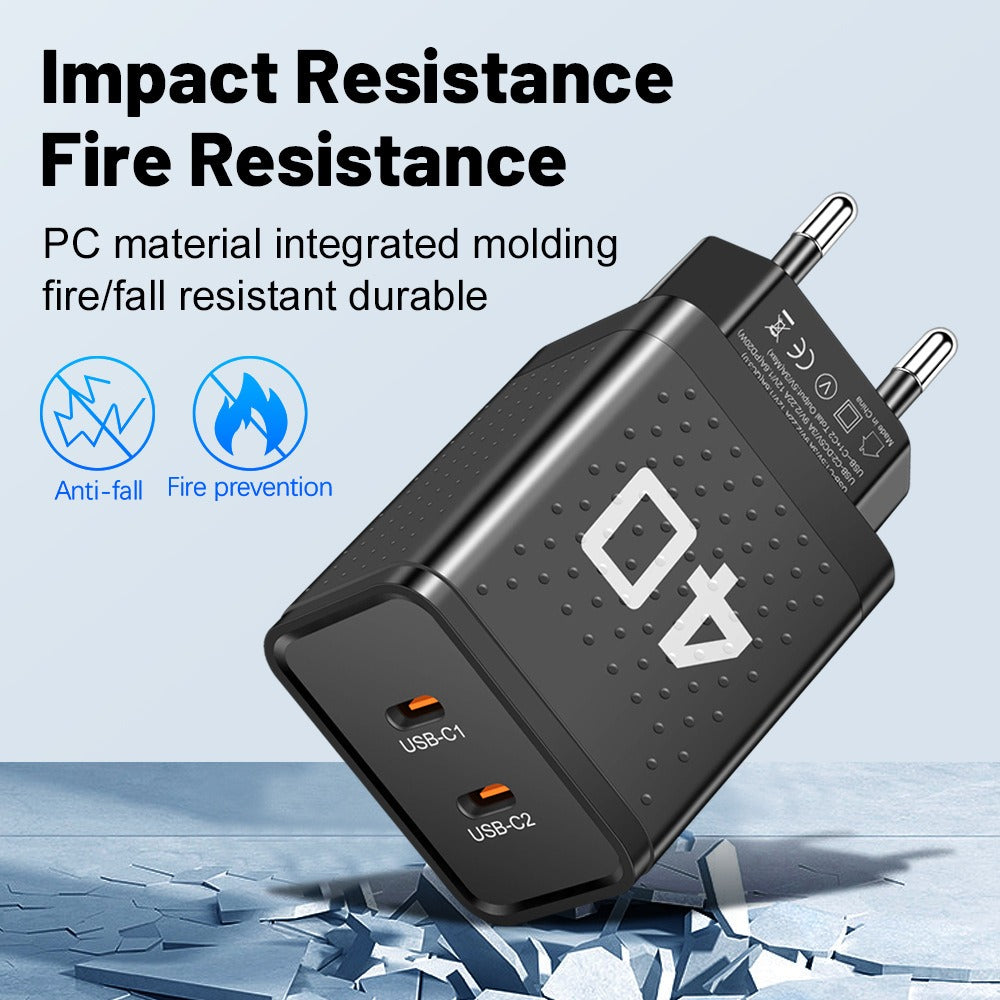 Dual Port Type-C Fast Charging Adapter - 40W Portable Travel Wall Charger