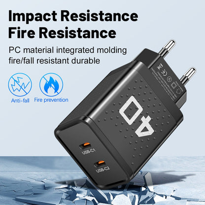 Dual Port Type-C Fast Charging Adapter - 40W Portable Travel Wall Charger
