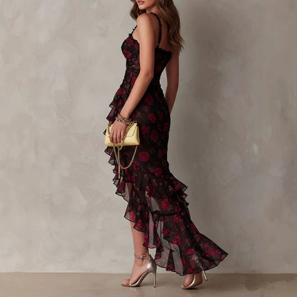 Sexy Spaghetti Strap Rose Print Dress with Asymmetrical Ruffle Slit Hem