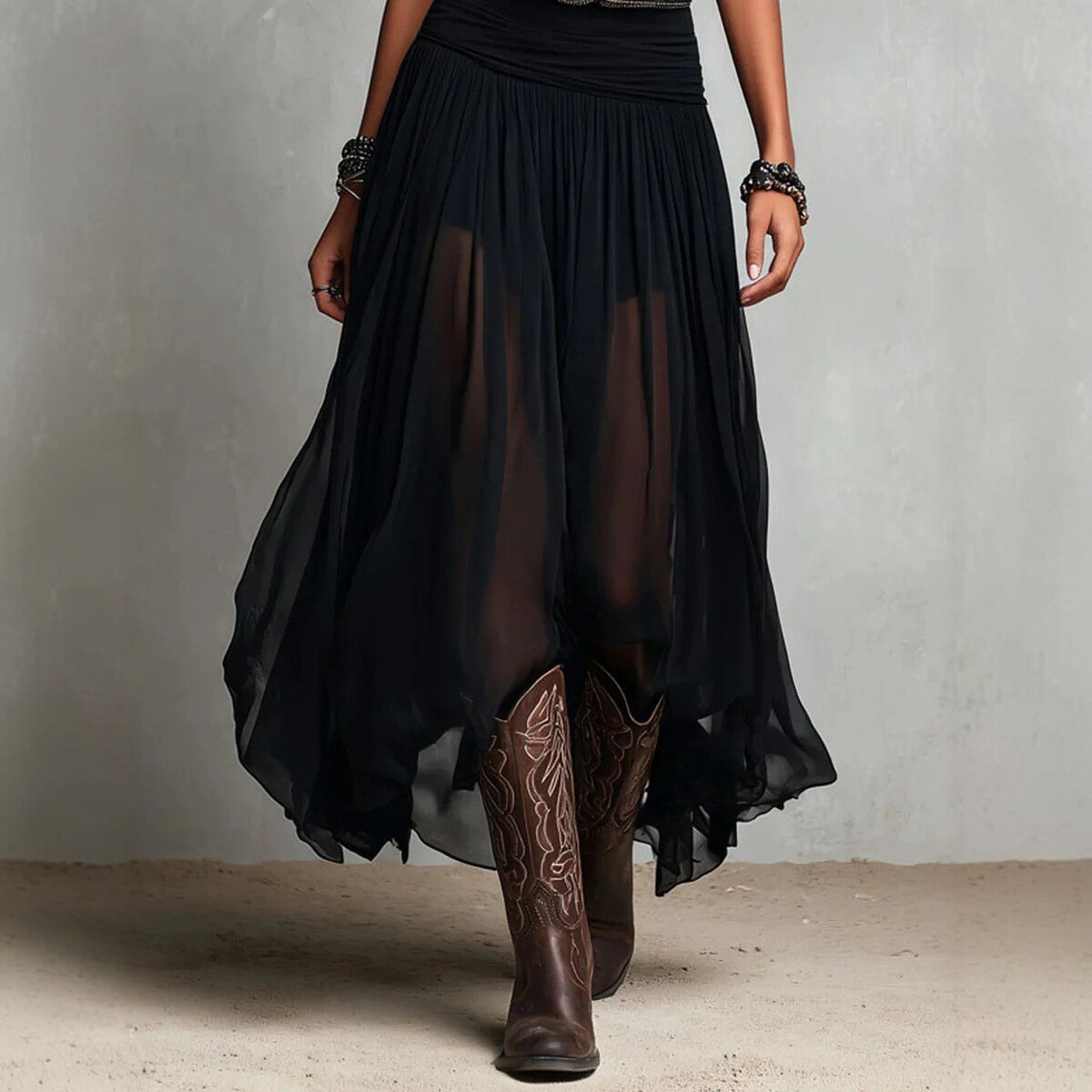 Boho Style Spaghetti Strap Black Mesh Dress - Elegant Flowing Maxi Dress