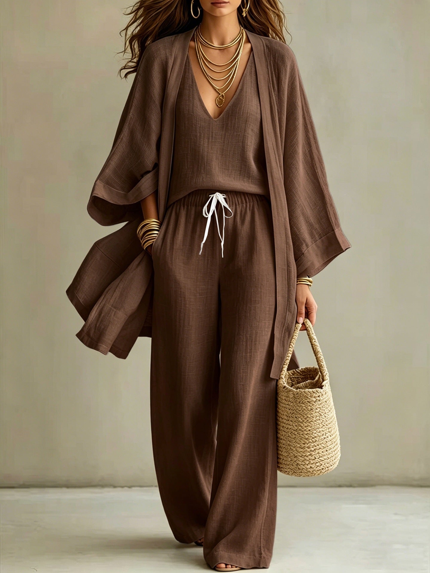 Elegant Linen Look 3-Piece Matching Set - Flowing Open Front Shrug with Wide Leg Pants