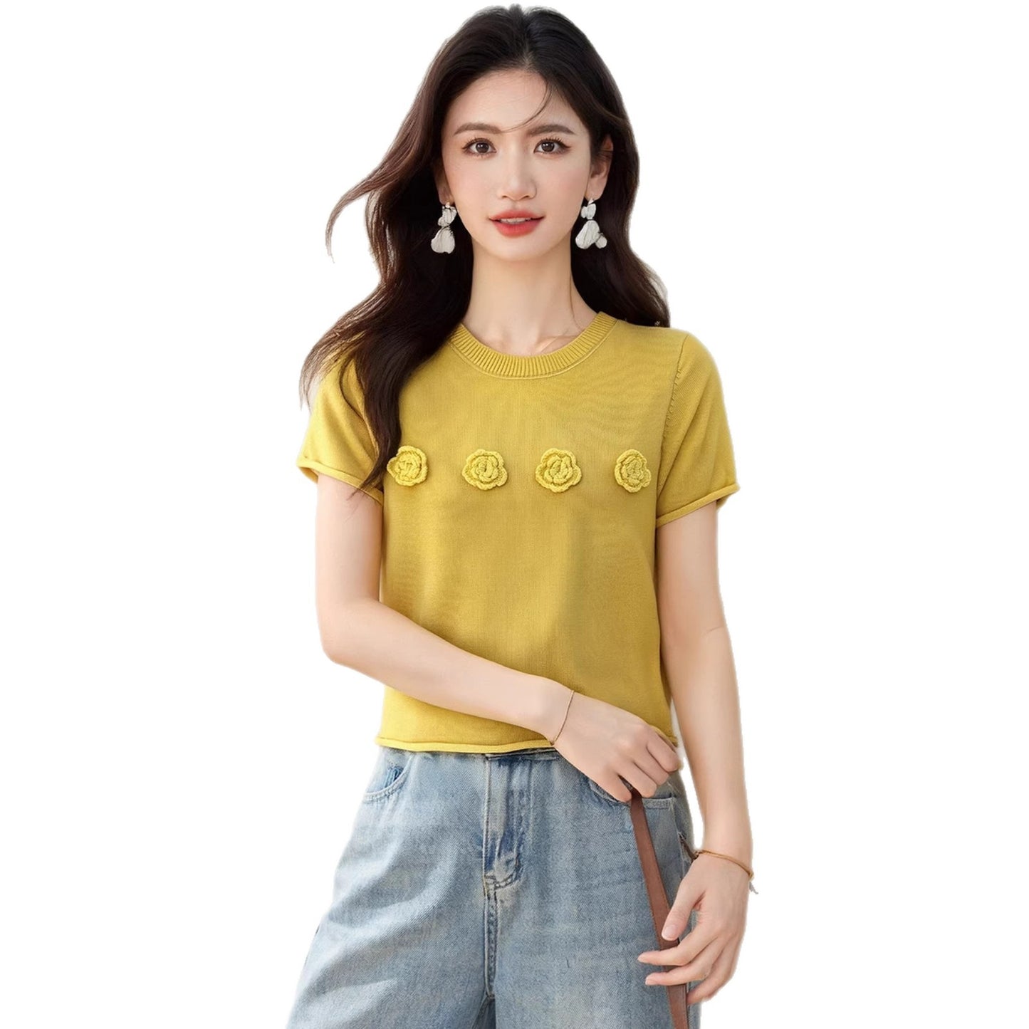 Women's Unique 3D Floral Knit Blouse - Chic Short Sleeve Yellow Top