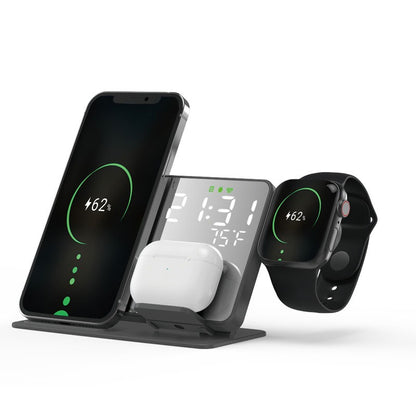 4-in-1 15W Fast Wireless Charging Station - Digital Alarm Clock with Temperature Display & Phone Charger