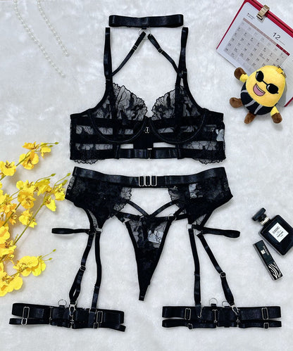 Harness Style Splicing Lingerie Set with Garter Belt