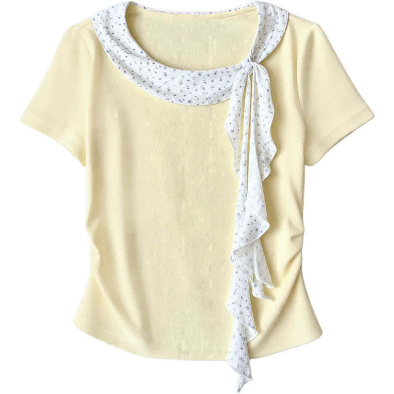 Women's Elegant Pleated Waist Cinched T-Shirt with Ruffle Polka Dot Collar