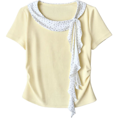 Women's Elegant Pleated Waist Cinched T-Shirt with Ruffle Polka Dot Collar