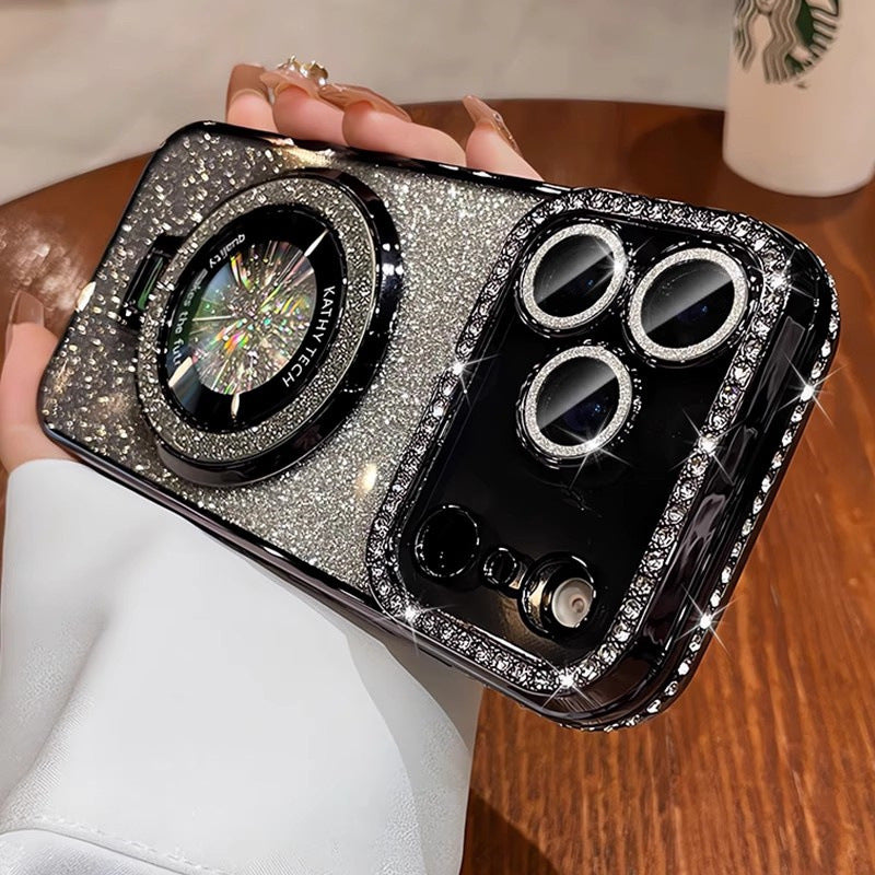 Crystal Glitter Magnetic Phone Case - Bling Stand Cover with Lens Protector for iPhone