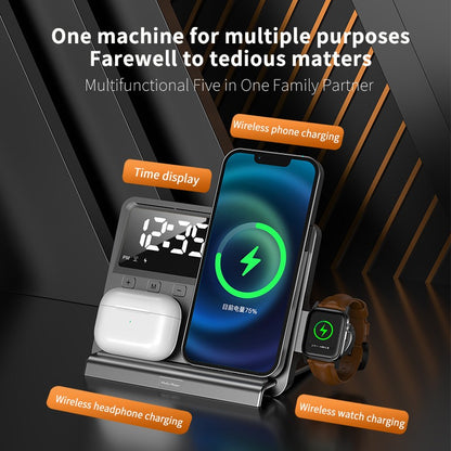 3-in-1 Fast Wireless Charging Station with Digital Alarm Clock - Multi-Device Desk Charger Stand