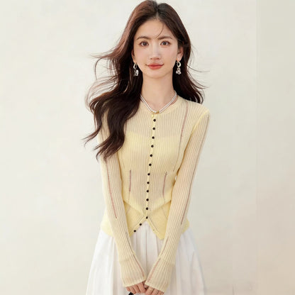 Minimalist Hollow Knit Cardigan for Women - Elegant Long Sleeve Top