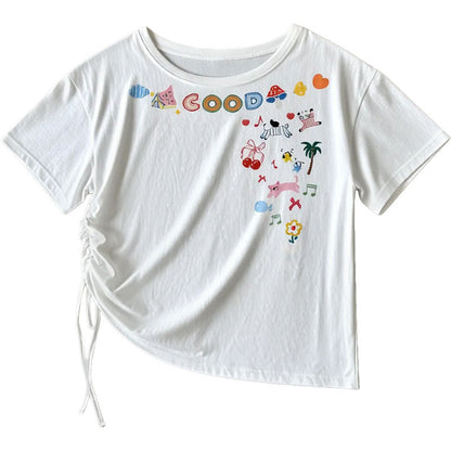 Women's Cute Cartoon Print Ruched Side Drawstring T-Shirt