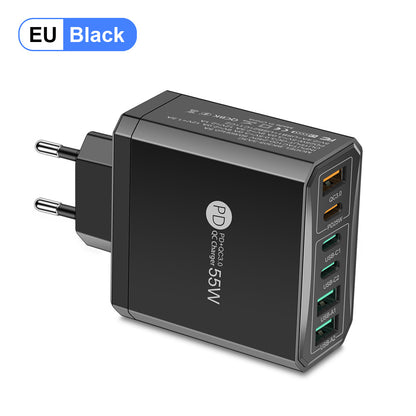 6-in-1 Fast Charging Head - 55W QC3.0 & PD Multi-Port Wall Charger Adapter