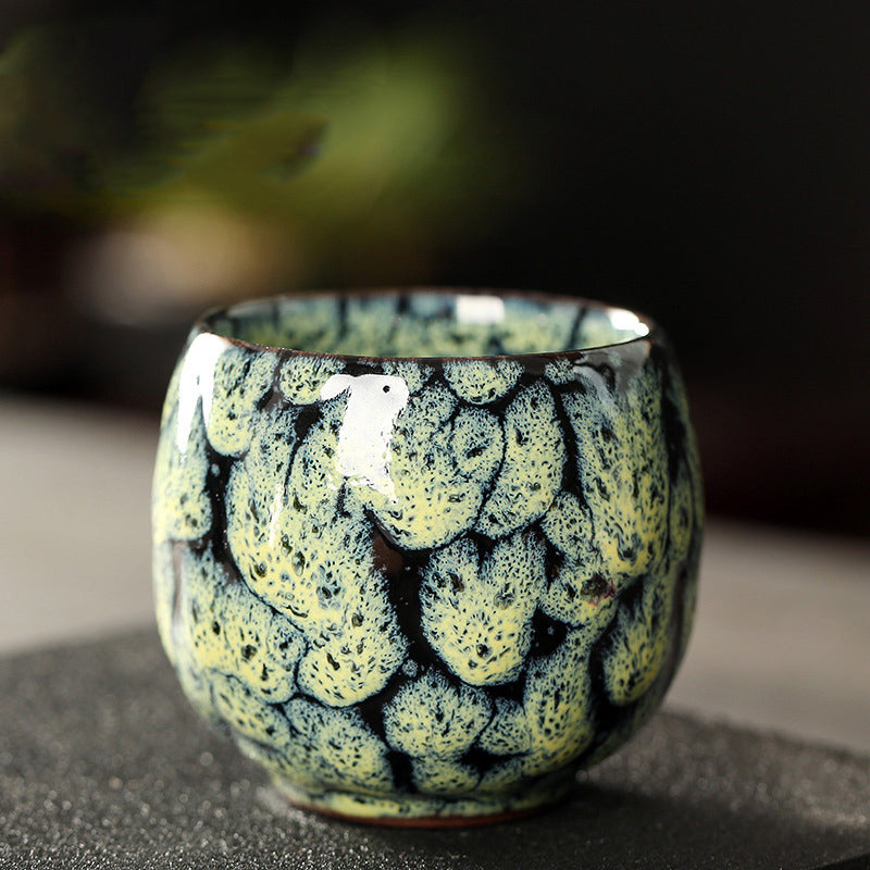 Jian Zhan Master Tea Cups with Egg-Shaped Design and Colorful Glaze