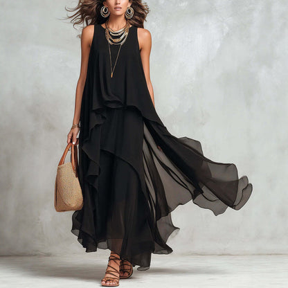 Elegant Layered Loose Black Chiffon Dress - Casual Summer Holiday Long Dress