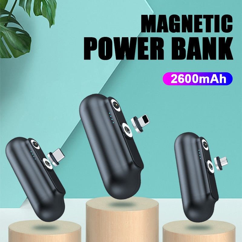 2600mAh Mini Magnetic Capsule Power Bank - Ultra-Compact Emergency Battery Pack with Interchangeable Plugs