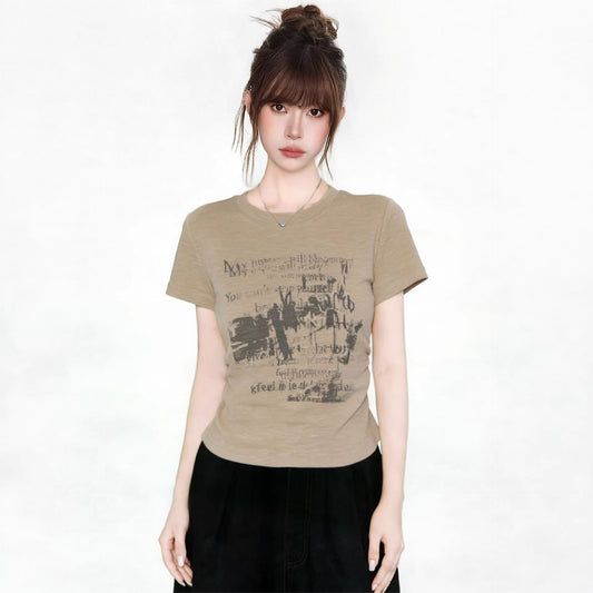 Summer Fashion Round Neck Fitted Tee - Retro Graphic Top for Women