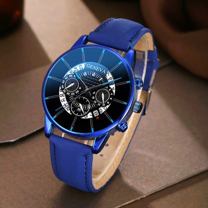 Men's Blue Quartz Watch and Bracelet Gift Set - Casual Business Leather Strap Wristwatch