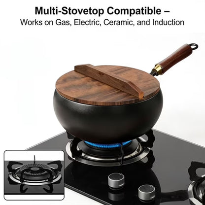 Traditional Hand-Forged Uncoated Iron Wok with Wooden Lid & Handle for Induction & Gas Stove