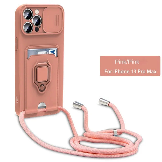 Crossbody Lanyard Phone Case with Card Holder & Ring Holder Kickstand for iPhone 15 14 13 12 11 Pro Max