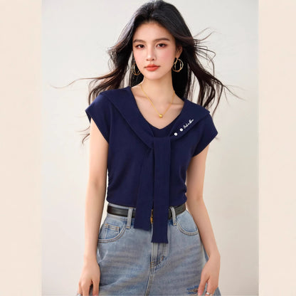 Women's Sailor Collar Embroidered Knit Top - Mock Two-Piece Flutter Sleeve Shirt